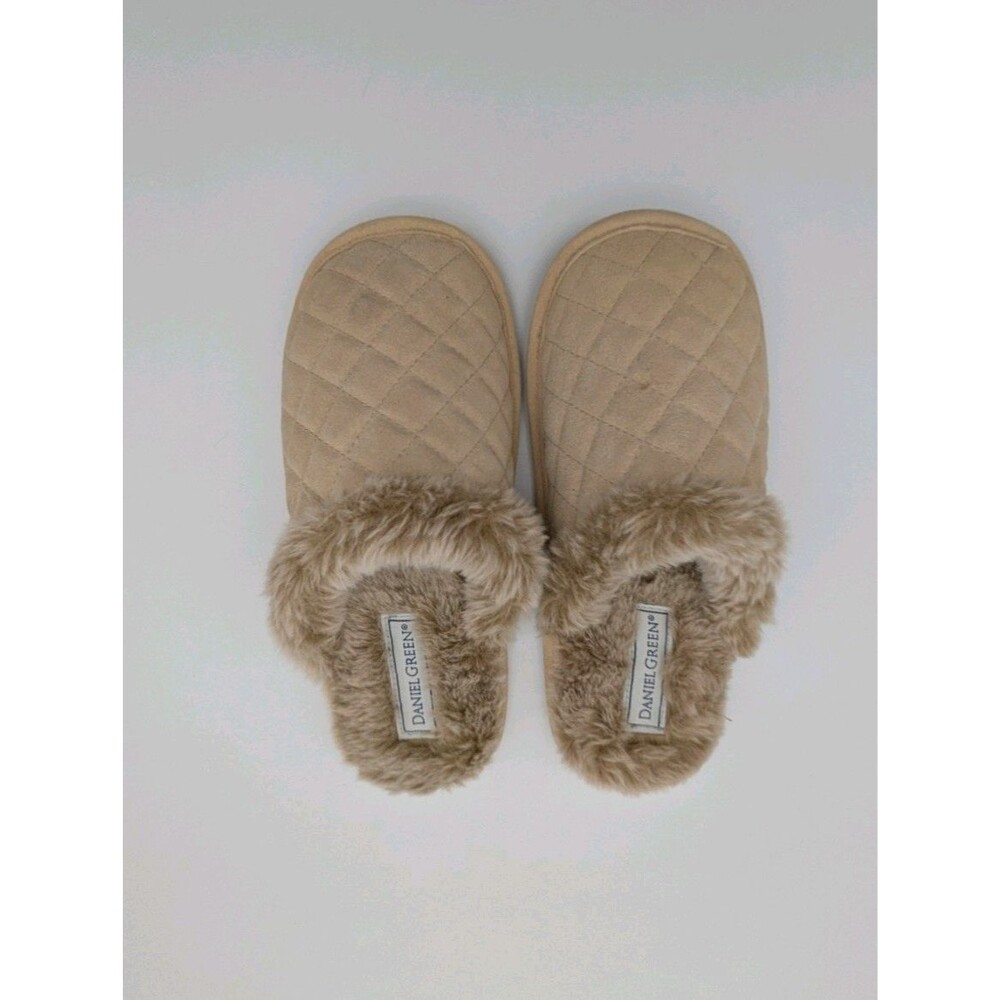 6M Daniel Green Quilted Suede Upper Faux Fur Lined Indoor/Outdoor Slippers Beige